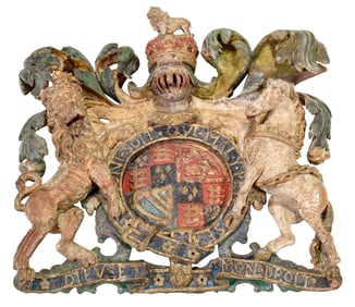 William and Mary Carved and Painted Elm Royal Coat of Arms, House of Stuart