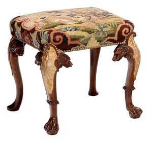 Fine and Rare Queen Anne Carved Walnut and Parcel Gilt Footstool