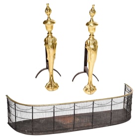 Federal Brass and Wirework D-Shaped Fire Fender, Together with a Pair of Queen Anne-Style Andirons