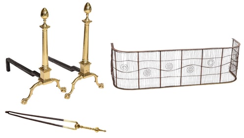 Fine Pair of American Federal Brass Andirons, Tongs and D-Shaped Fire Fender
