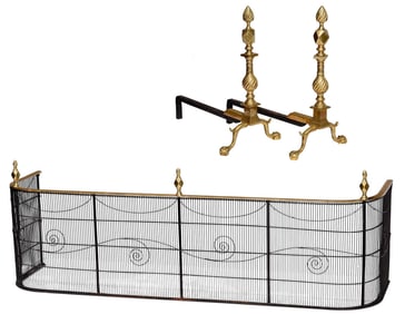 Federal Style Wirework and Brass D-Shaped Fire Fender, Together with a Pair of Chippendale Style