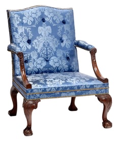 George II Carved Mahogany Blue Damask Upholstered Library Armchair