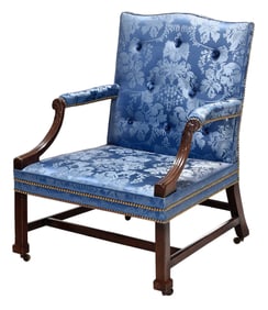 George III Carved Mahogany Blue Damask Upholstered Library Armchair