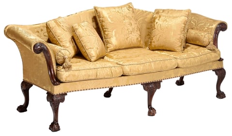 Fine George II Carved Mahogany and Yellow Silk Damask Upholstered Settee