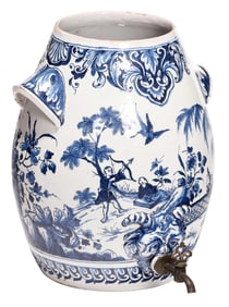English Delft Blue and White Cistern with Satyr Head Spout