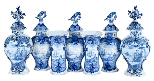 Dutch Delft Blue and White Seven Piece Garniture Set