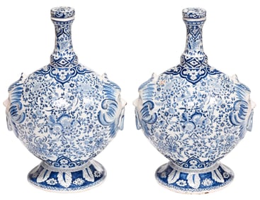 Pair of Dutch Delft Blue and White Lidded Bottle Vases