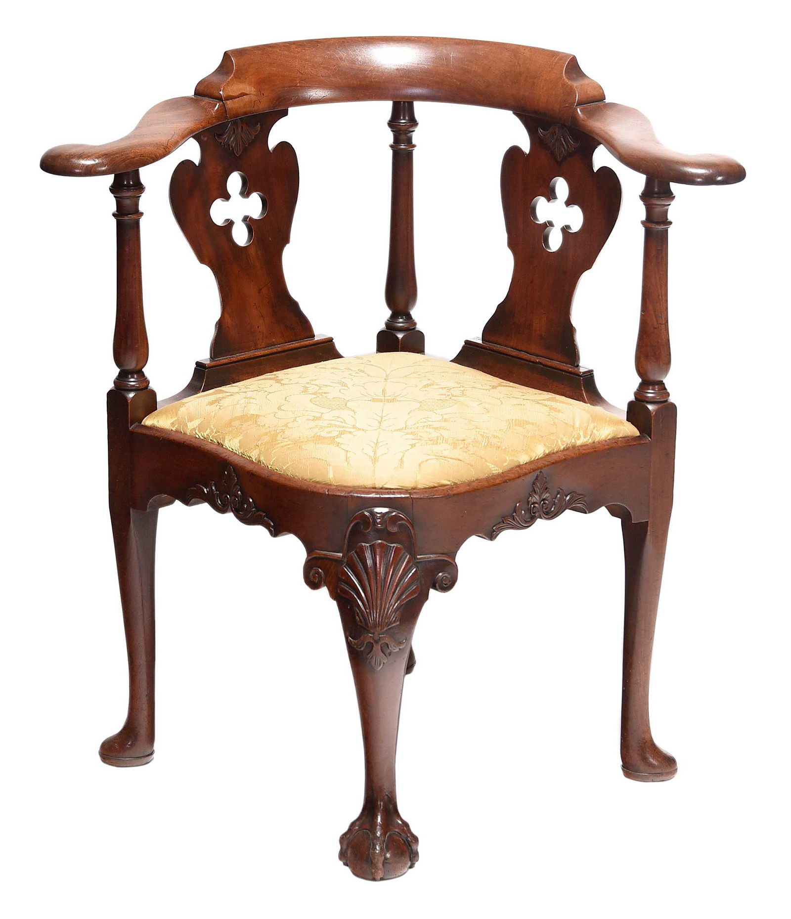 George II Carved Mahogany Writing Chair: British, mid 18th century, corner chair with quatrefoil pierced splats, shell carved front leg, yellow silk damask upholstered slip seat, 32-3/4 x 31 x 26-1/2 in. Provenance: The Jerold Krouse Collect