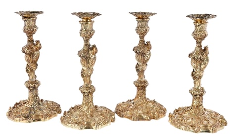 Set of Four George III Regency Gilt English Silver Candlesticks, William Pitts