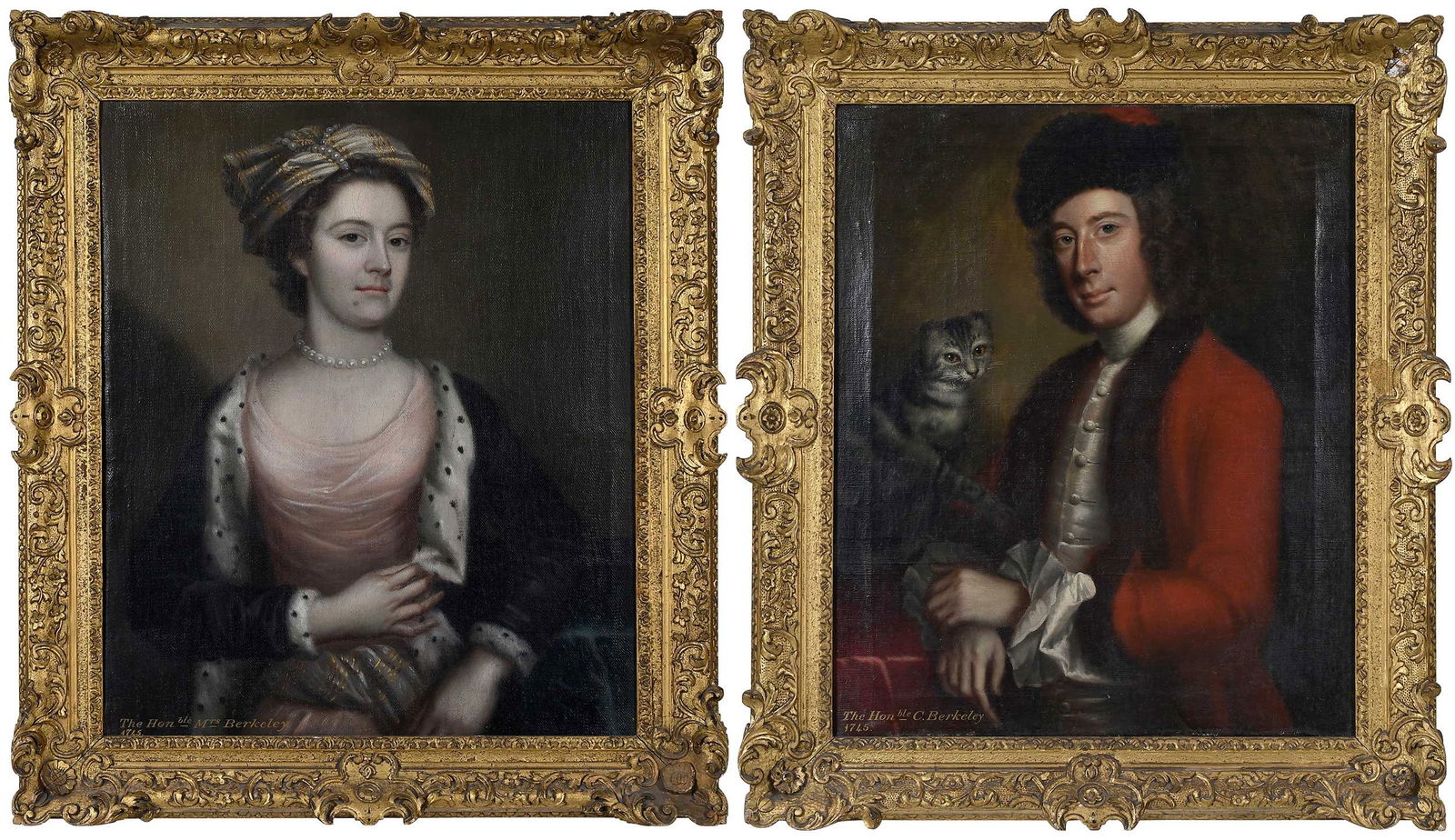 A Pair of British School Portraits, Berkeley Family History: (18th century) The 1745 wedding portraits of The Honorable Charles Berkeley (1701-1756), holding a cat, and The Honorable Mrs. Berkeley, Frances West Killigrew (born 1705), each inscribed lower left w