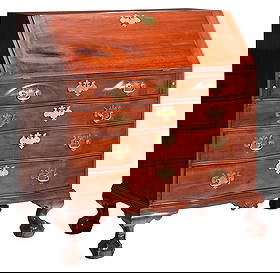 Fine Massachusetts Chippendale Figural Mahogany Reverse Serpentine Slant Front Desk: Salem, 1775-1790, fine elaborately fitted desk interior with eight carved shells and 15 dovetailed drawers, boldly carved ball and claw feet, 28-1/2 x 42-1/2 x 24 in. Provenance: drawer with partial l