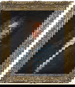 Attributed to Sir Godfrey Kneller: (British, 1646-1723) Gentleman in a blue velvet coat with gold brocade, within a simple feigned oval, unsigned, oil on canvas, 30 x 25 in.; 18th century style gilt wood running pattern frame, 37-3/4 x