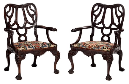 Exceptional Pair of Monumental George II Carved Mahogany Open Armchairs