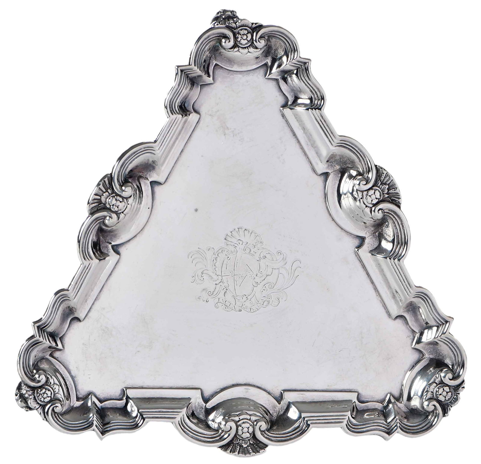 George II English Silver Kettle Stand, John White: London, 1735, molded Bath-variant border with rosettes, three dolphin feet, central engraved coat of arms, marks for John White, .925 fine, 21.15 oz. T., 1-1/2 x 9-1/4 x 9-1/4 in. Provenance: Christie
