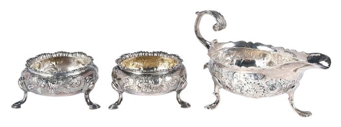George II English Silver Creamer and Pair of Salts