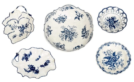Five Dr. Wall Worcester Blue and White Porcelain Dishes
