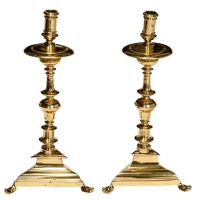 Pair of Continental Footed Brass Candlesticks