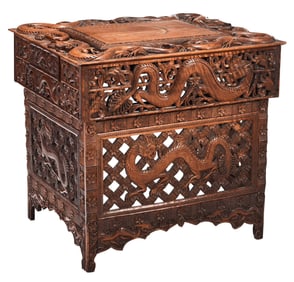 Asian Elaborately Carved Dragon Figural Side Table