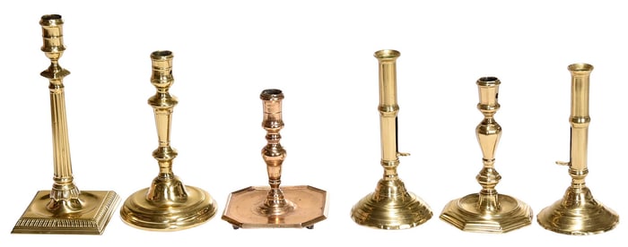 Five English and Continental Brass Candlesticks and Spanish Bell Metal Candlestick