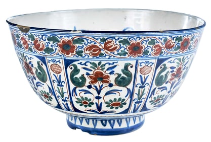 English Delft Deep Punch Bowl with Polychrome Panel Decoration