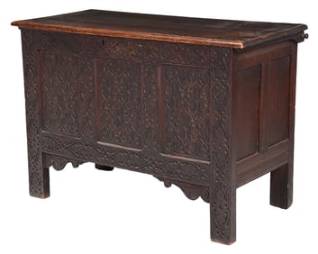 Rare and Exceptional Pilgrim Century Massachusetts Carved Joined Chest