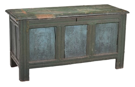 Rare Massachusetts Pilgrim Century Chip Carved and Green Painted Chest