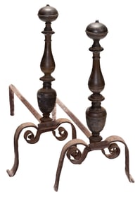 Pair of William and Mary Brass and Scrolled Wrought Iron Andirons