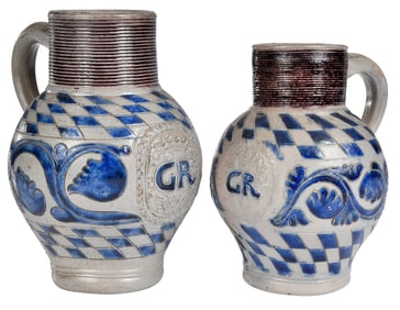 Two Westerwald Salt Glazed "GR" Jugs with Checkerboard Decoration