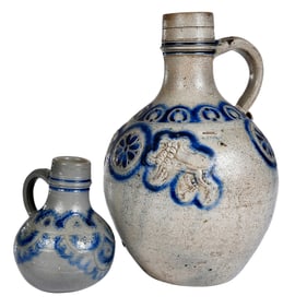 Two Early Westerwald Salt Glazed Bottles