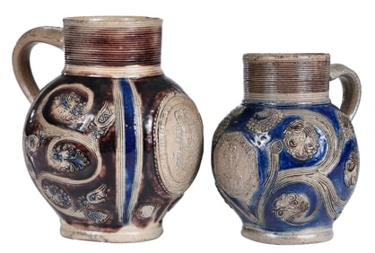 Two Westerwald Salt Glazed Portrait Jugs, King William III & Queen Mary