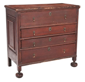 Rare New England Pilgrim Century Red Painted Chest of Drawers