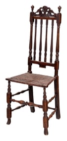 Massachusetts William and Mary Carved Banister Back Rush Seat Side Chair
