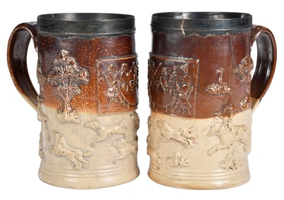 Pair of English Salt Glazed Stoneware Hunt Scene Mugs with Silver Collars
