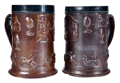 Near Pair of Large English Salt Glazed Stoneware Hunting Mugs with Silver Collars