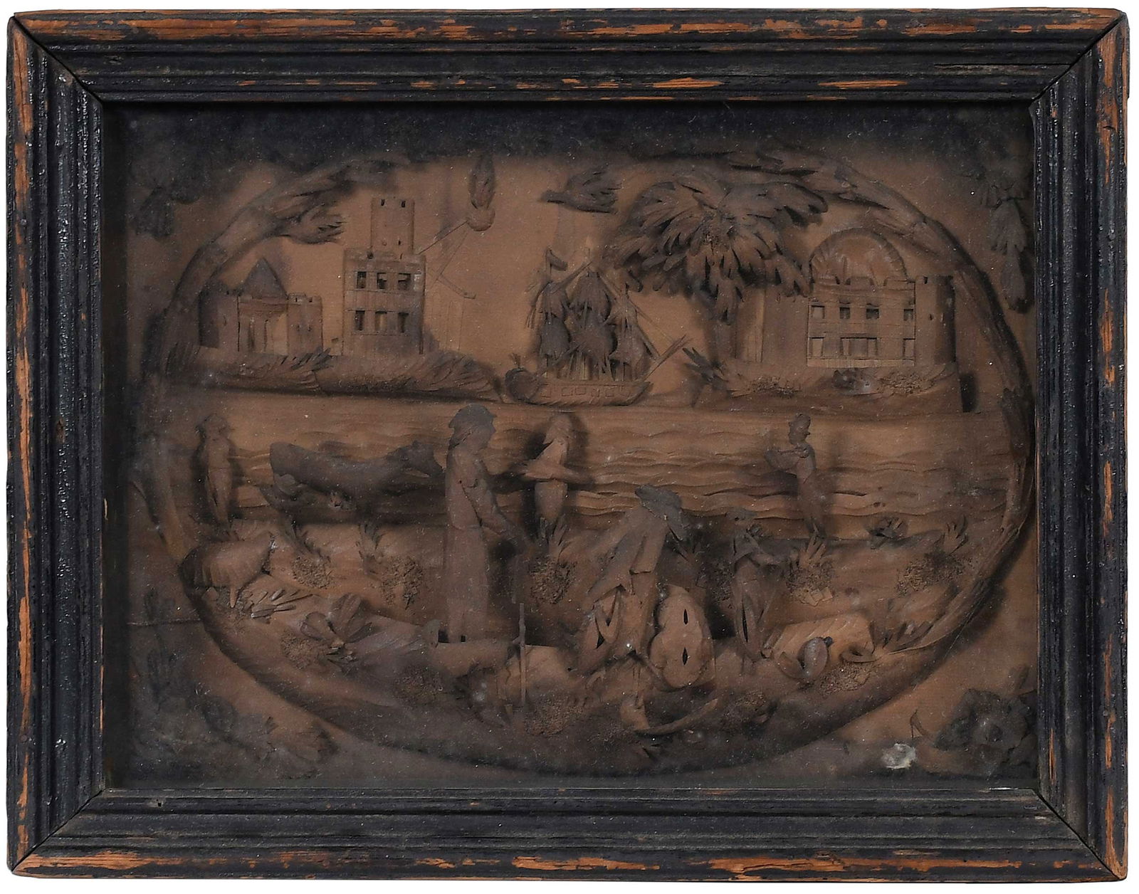 English Framed Shaped and Cut Paperwork with Harbor Scene (1 of 4)