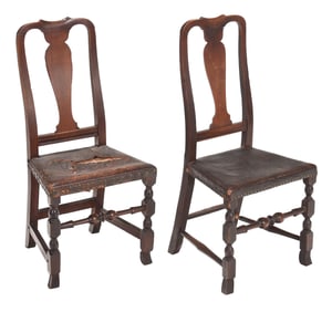 Rare Pair of Massachusetts Queen Anne Side Chairs in Original Surface and Original Leather Seats