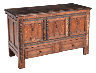 Massachusetts Pilgrim Century Paneled Oak and Ebonized Chest Over Drawer