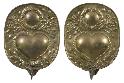 Early Pair of Dutch Repousse Brass Candle Sconces with Heart Motif