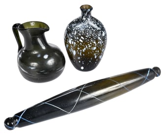 Three Olive Green and White Frit Decorated Glass Objects