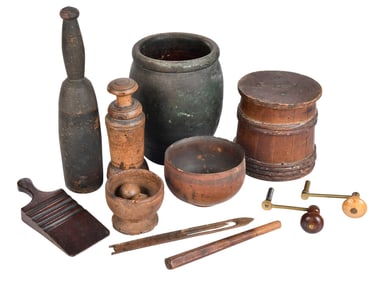 Ten Early Treen Wood Kitchenalia Objects