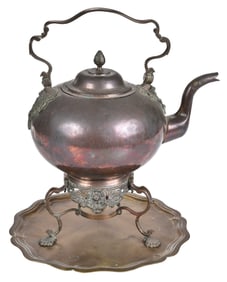 English Copper Kettle on Stand and Brass Tray