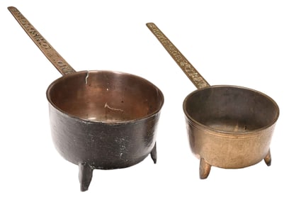 Two Leaded Bronze Posnet Pots with Impressed Handles
