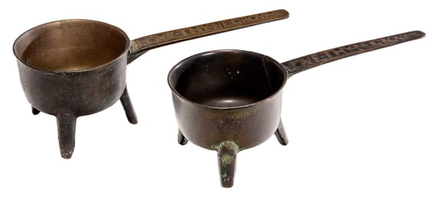 Two Very Similar Leaded Bronze Posnet Pots with Impressed Handles