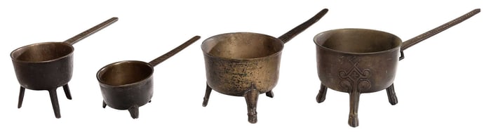 Four Leaded Bronze Posnet Pots with Impressed Handles