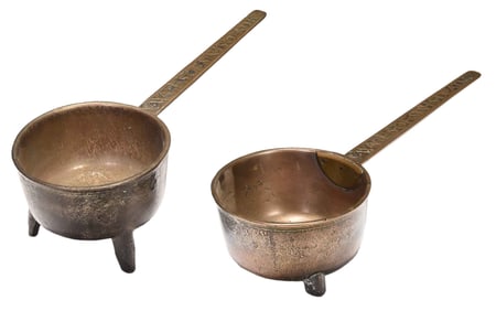 Two Leaded Bronze Posnet Pots with Impressed Handles