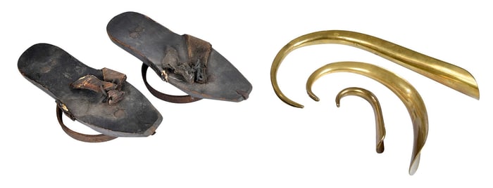 Pair of Ladies Pattens and Three Brass Shoehorns