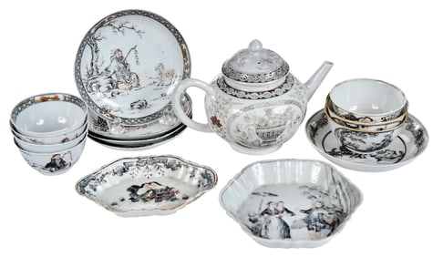 15 Piece Chinese Export En Grisaille and Gilt Porcelain Tea Service
