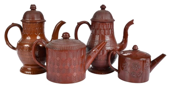 Four English Glazed Redware Tea and Coffeepots