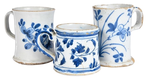 Three English Delft Blue and White Mugs