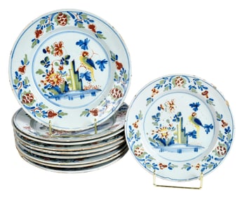 Ten English Delft Polychrome Parrot Plates